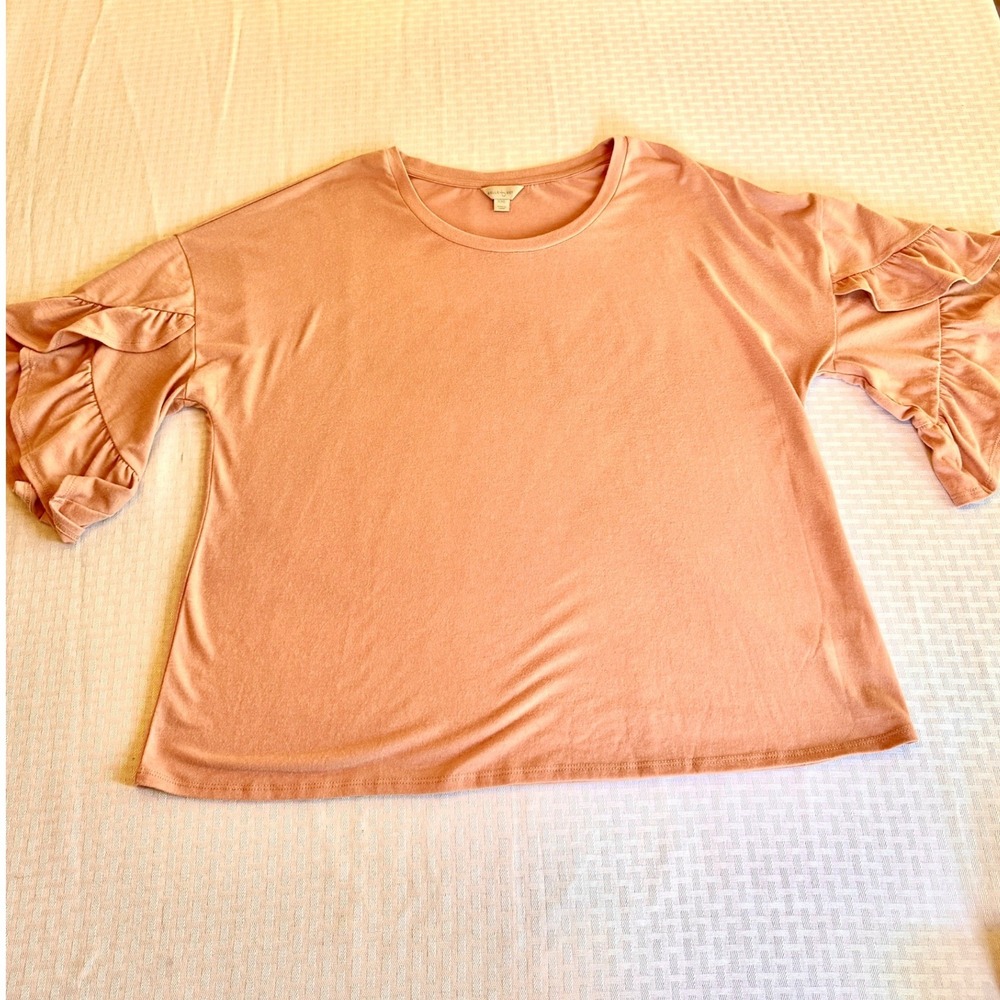 Belle Sky Ruffle Sleeve Boho Knit Top XXL Coral Pink Tiered Flutter Blouse